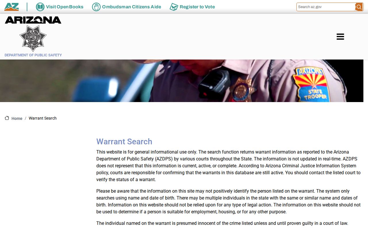 Arizona AZDPS blank statewide warrant-search form