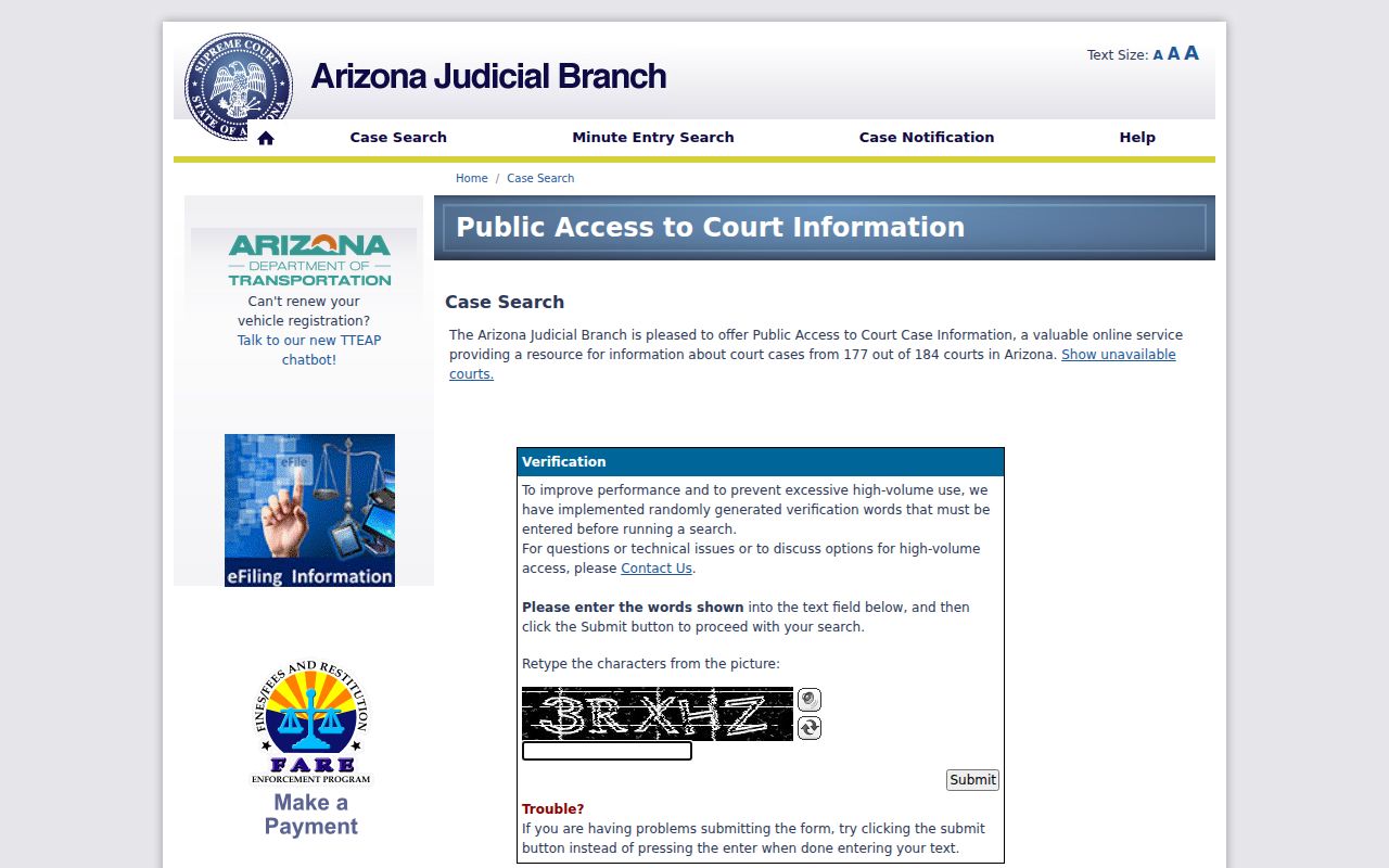 Arizona Public Access portal notice and CAPTCHA before its case search