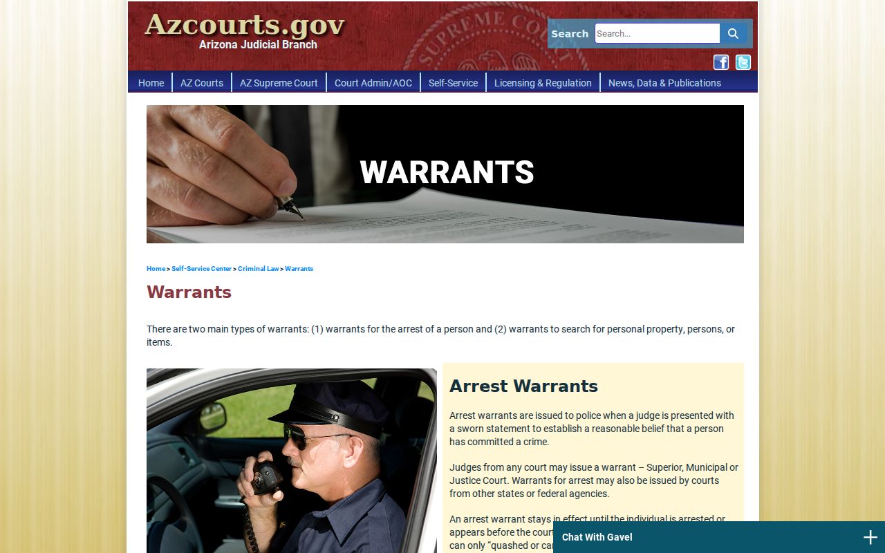 Arizona court guide explaining warrant types and resolution routes