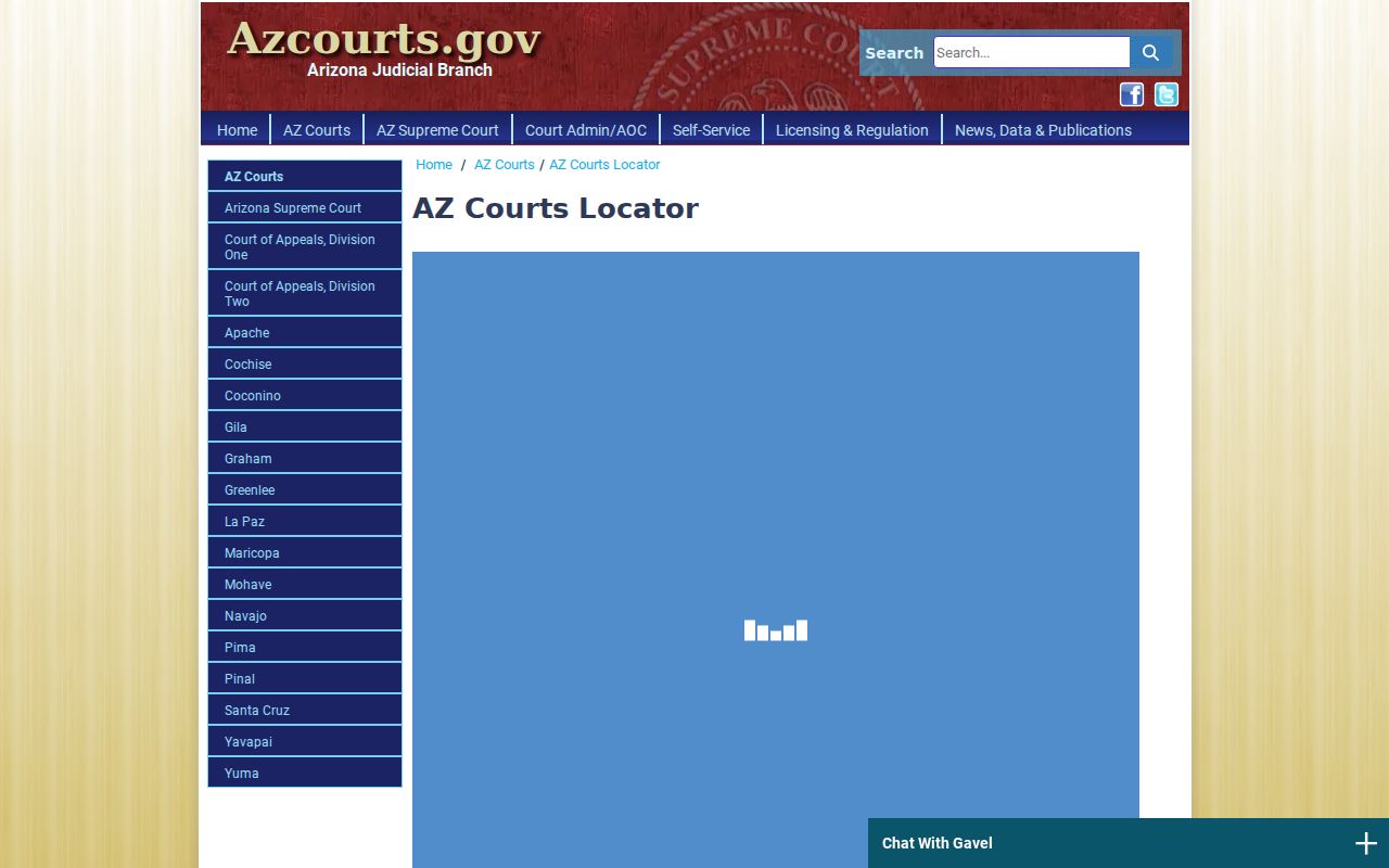 Arizona court locator interface for finding a local court