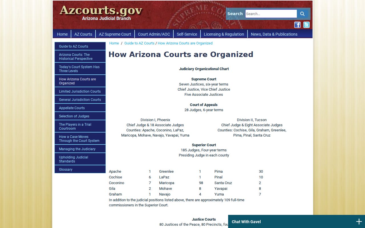 Arizona court organization guide showing the state court tiers