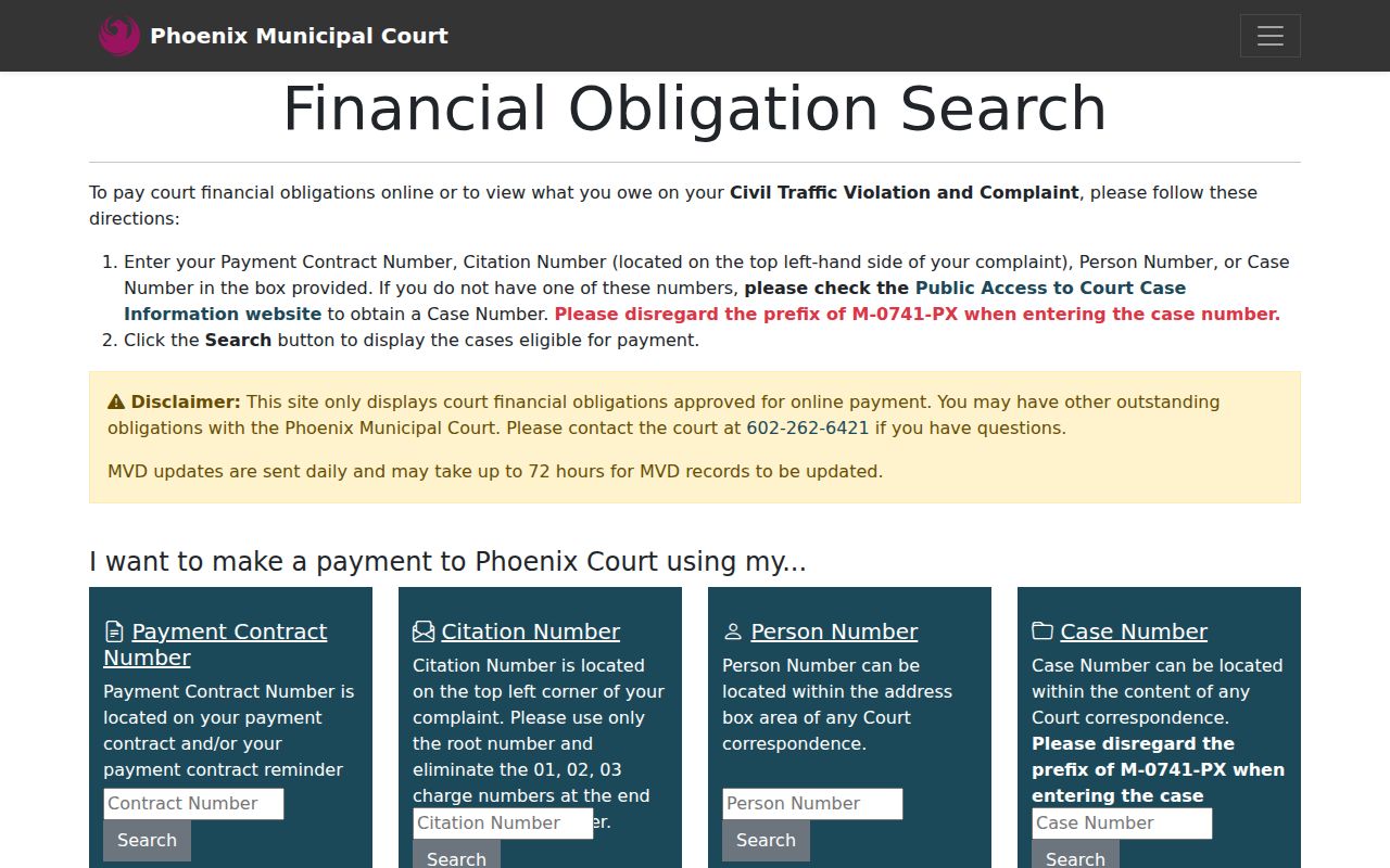 Arizona Phoenix Municipal Court financial-obligation search form, not warrant status