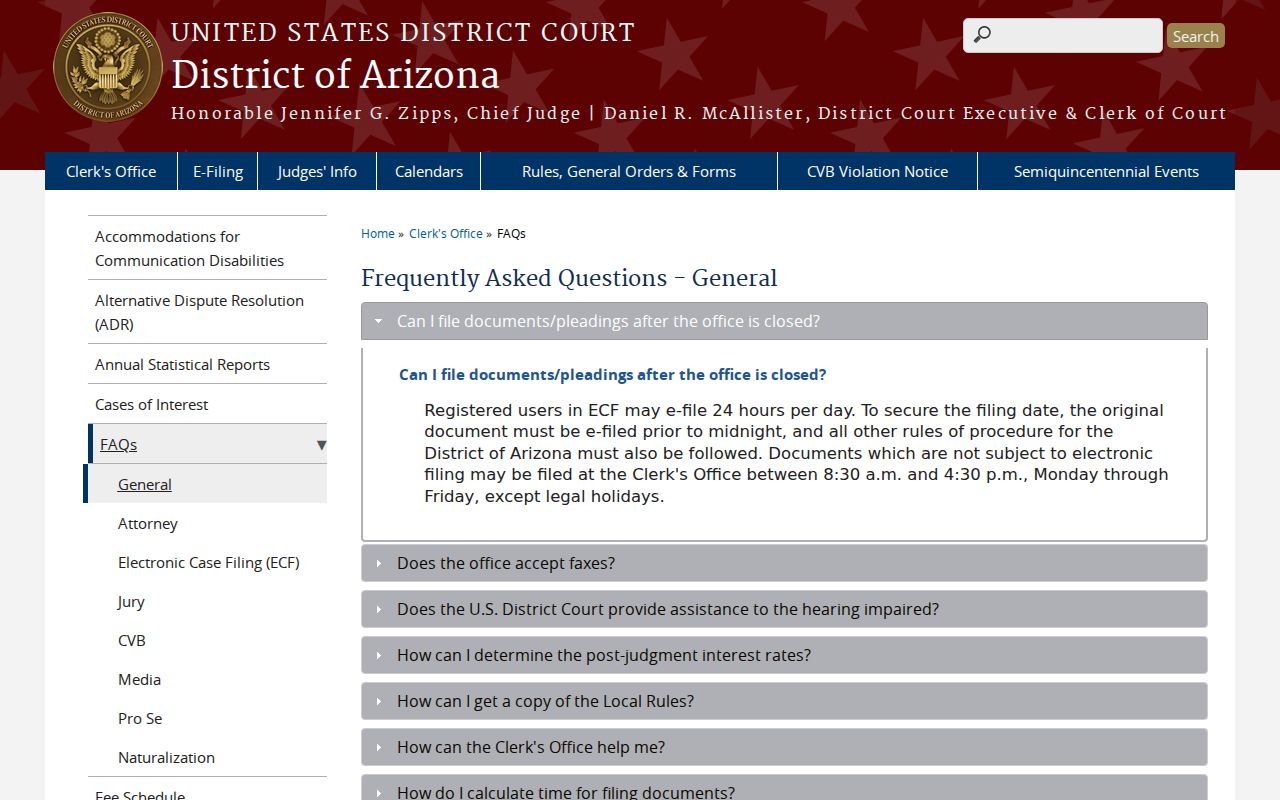 Arizona federal court FAQ and division information