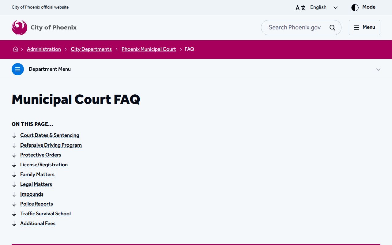 Arizona Phoenix Municipal Court FAQ landing page used as a local warrant-motion source