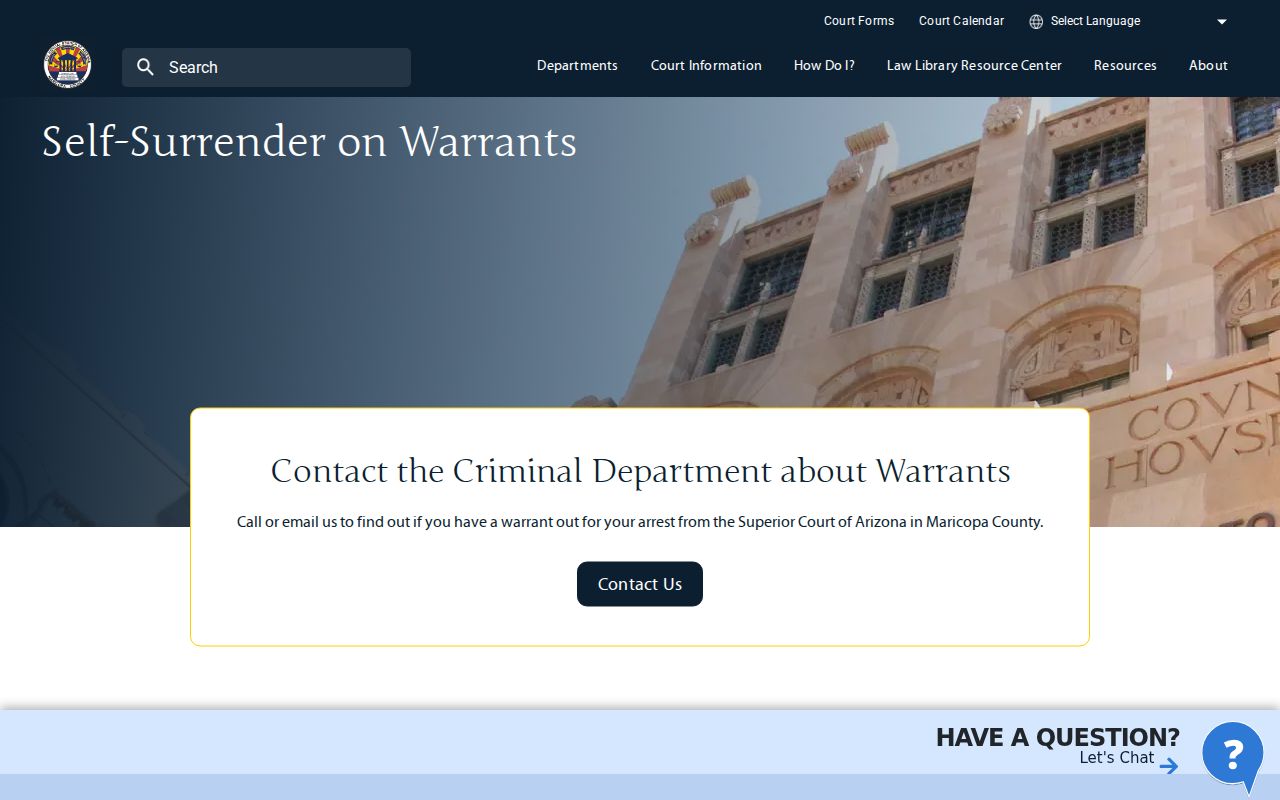 Arizona Superior Court warrant contact page with phone, email, and appearance information
