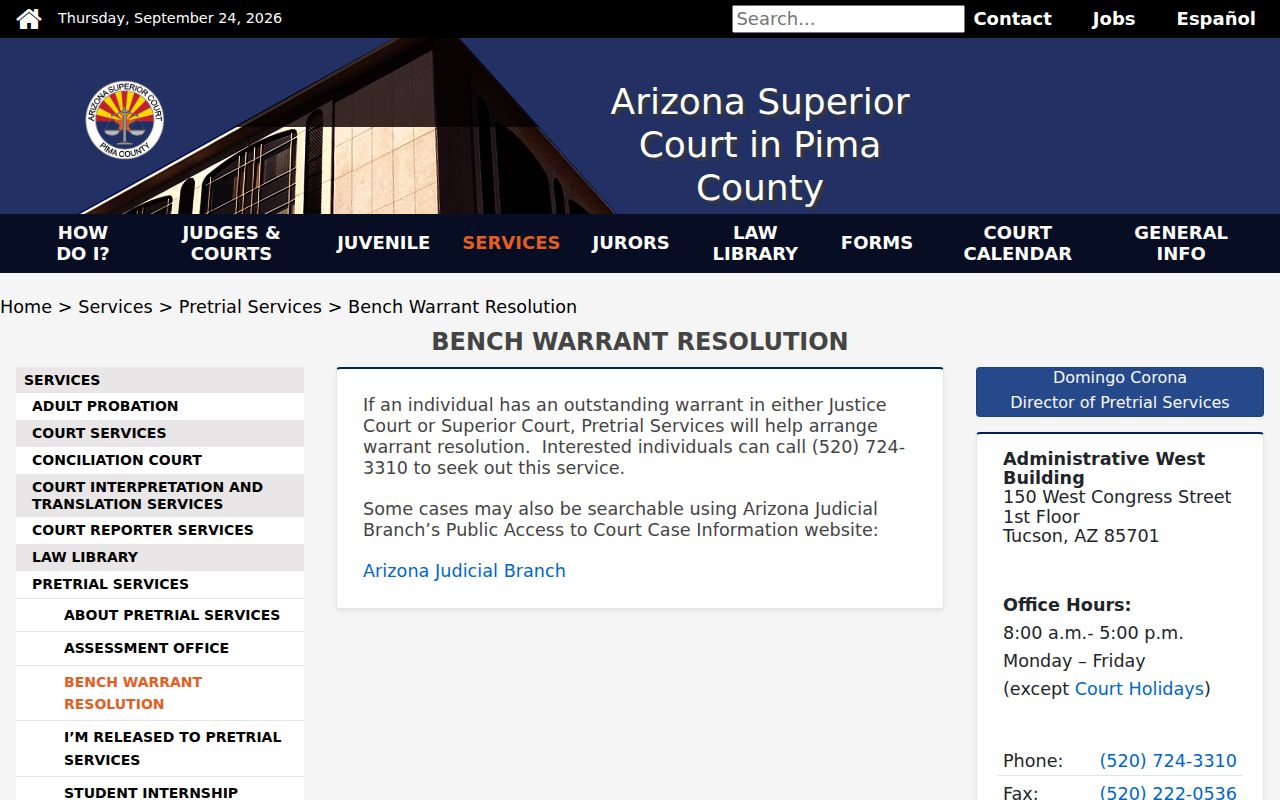 Arizona county pretrial services page describing a local bench-warrant resolution route