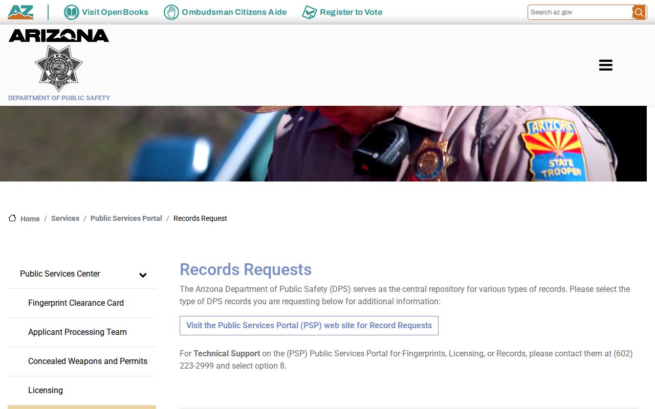 Arizona DPS public-record request portal instructions