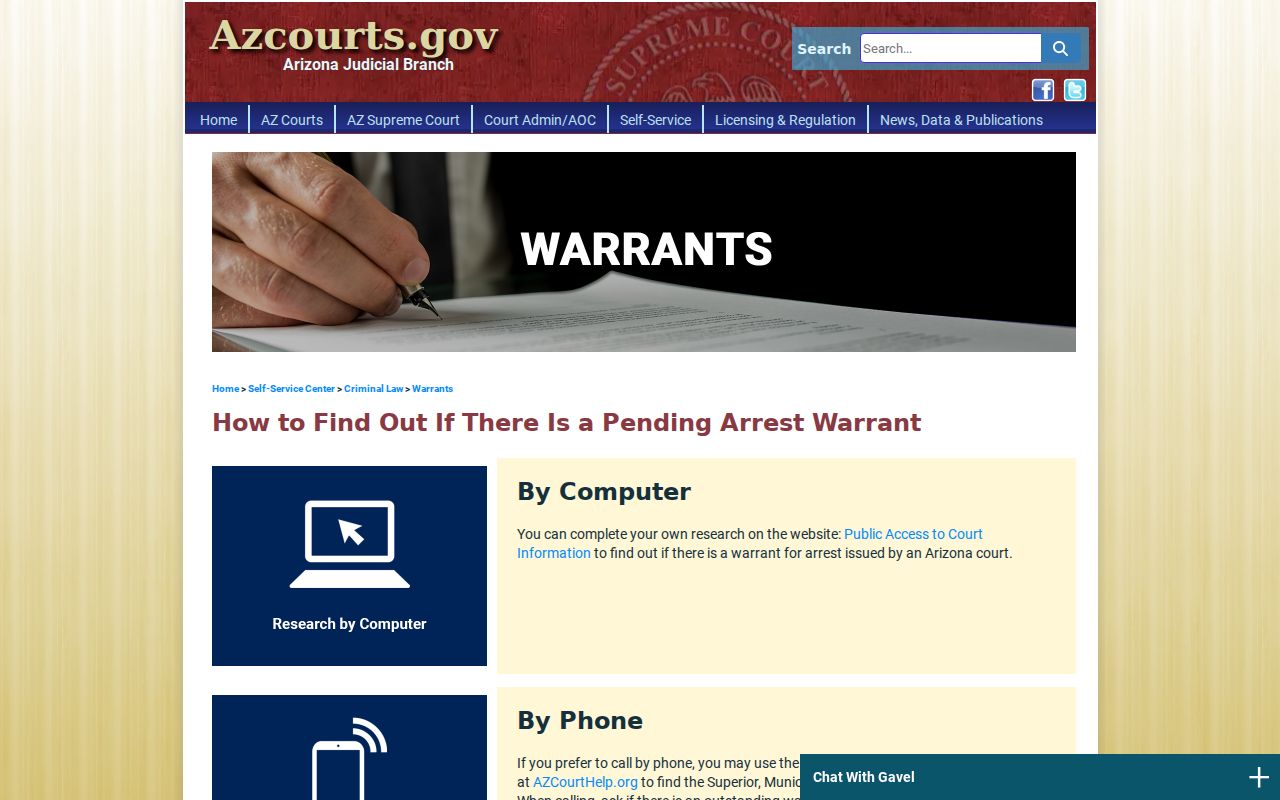 Arizona court self-check guidance that routes readers to the issuing court