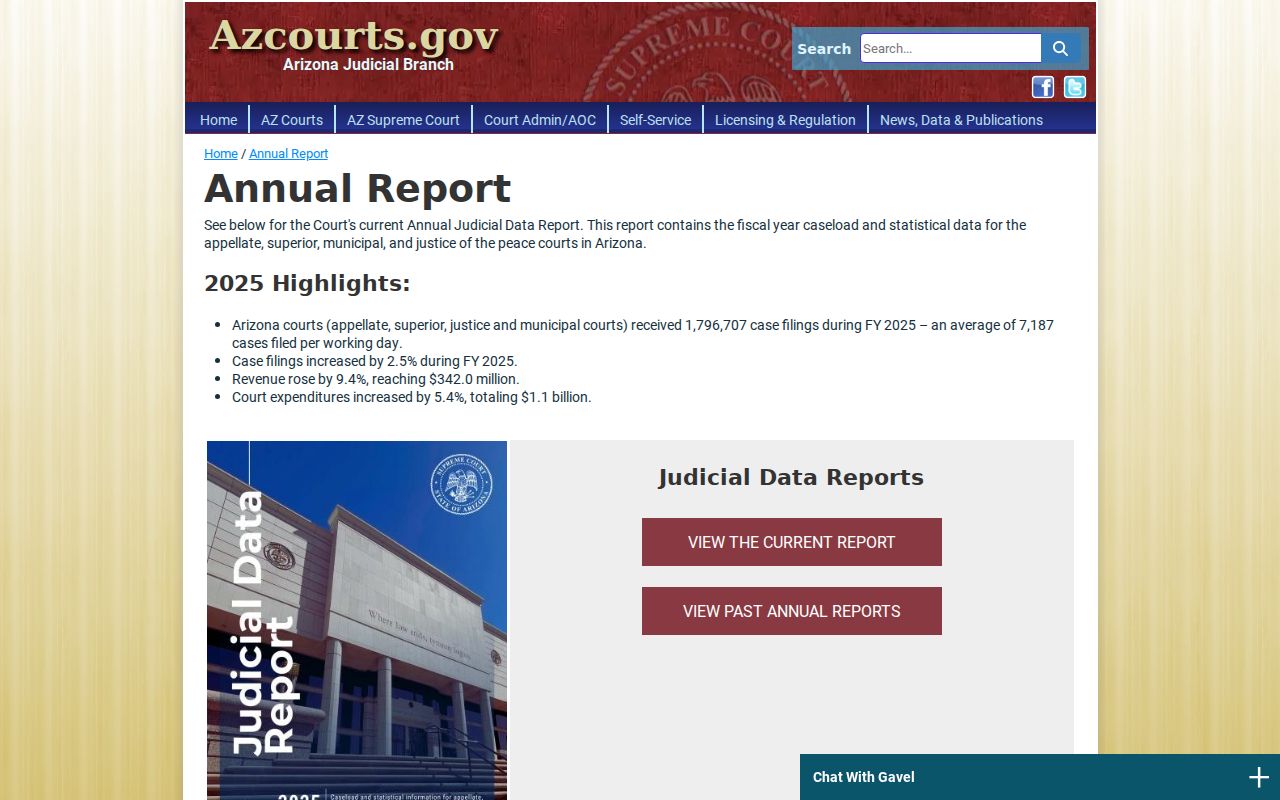 Arizona Judicial Branch annual report page for statewide court statistics