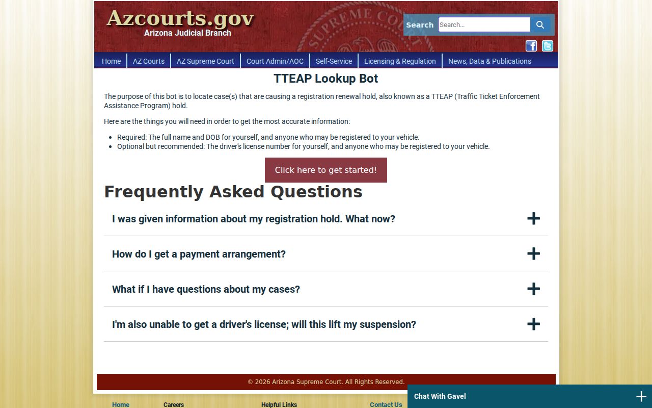 Arizona TTEAP public lookup instructions for vehicle-registration holds