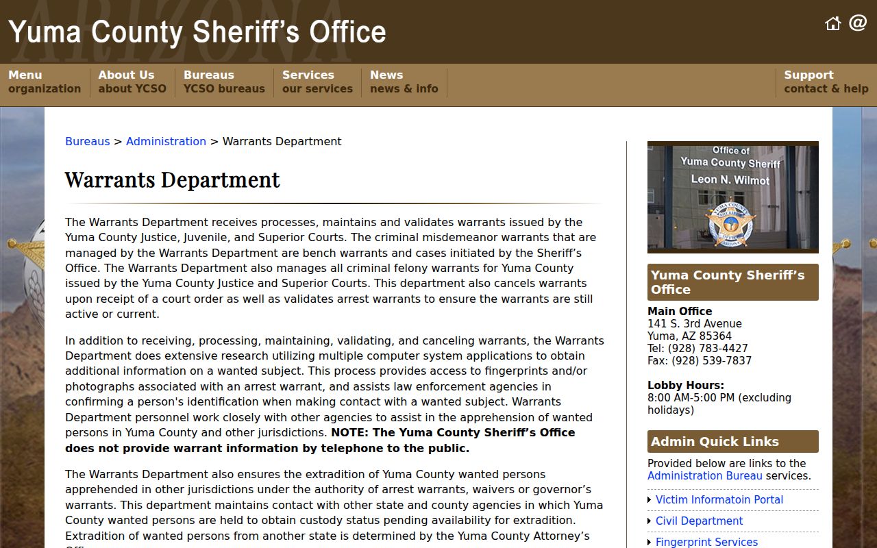 Arizona sheriff warrant department page describing a local office role and phone policy